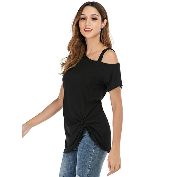 Womens One-Shoulder Twist-Hem Top Front Knot Short Sleeve Casual T-Shirt